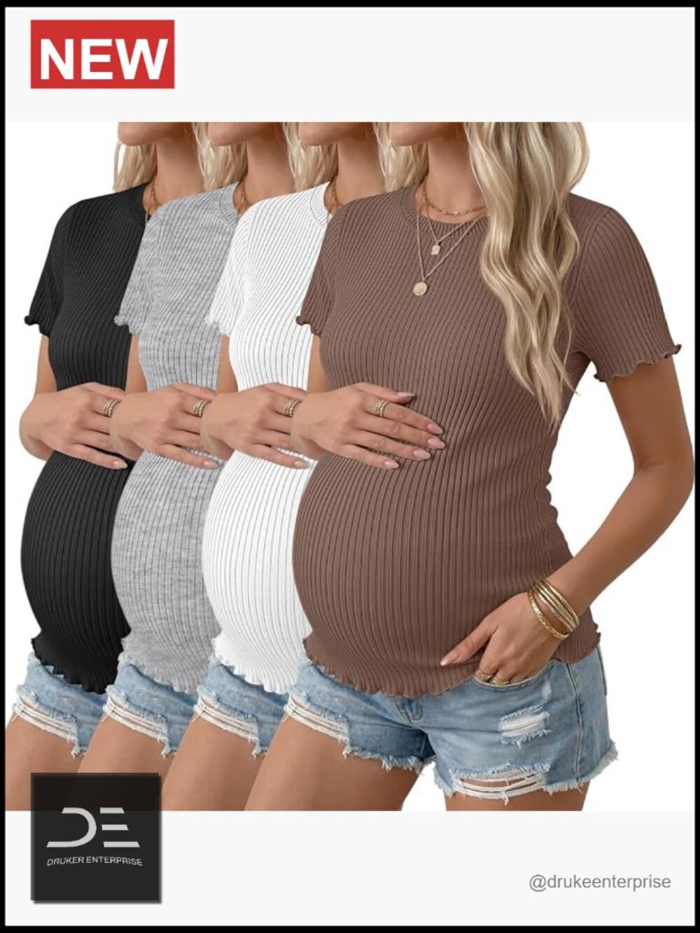 4 Pack Maternity Ribbed Knit Tops Short Sleeve Crew Neck Summer Tees